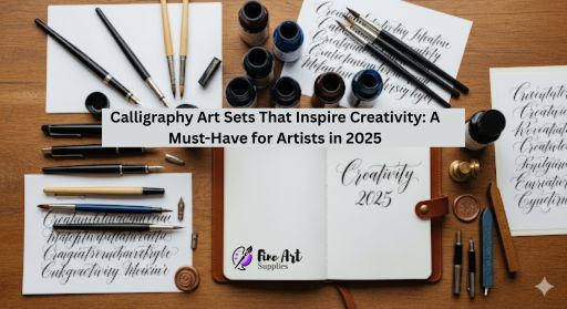 A flat-lay photo of a calligraphy art set with fountain pens, brush pens, ink bottles, and practice sheets on a wooden table, with an open journal showing elegant strokes spelling “Creativity 2025.”
