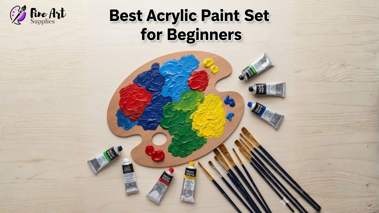 A colorful acrylic paint set displayed, ideal for beginners, featuring various vibrant shades and essential painting tools.