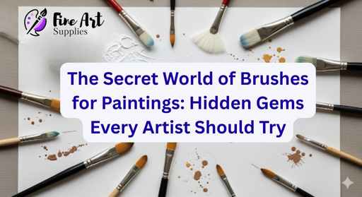 An artistic flat lay of different painting brushes (fan, filbert, mop, angular, and rigger) placed around a painted canvas showing multiple textures, highlighting the variety of strokes each can create.