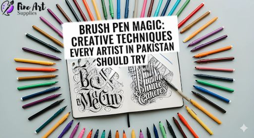 A flat lay photo of colorful brush pens arranged in a circle around a sketchbook, with bold calligraphy letters and artistic doodles in the center.