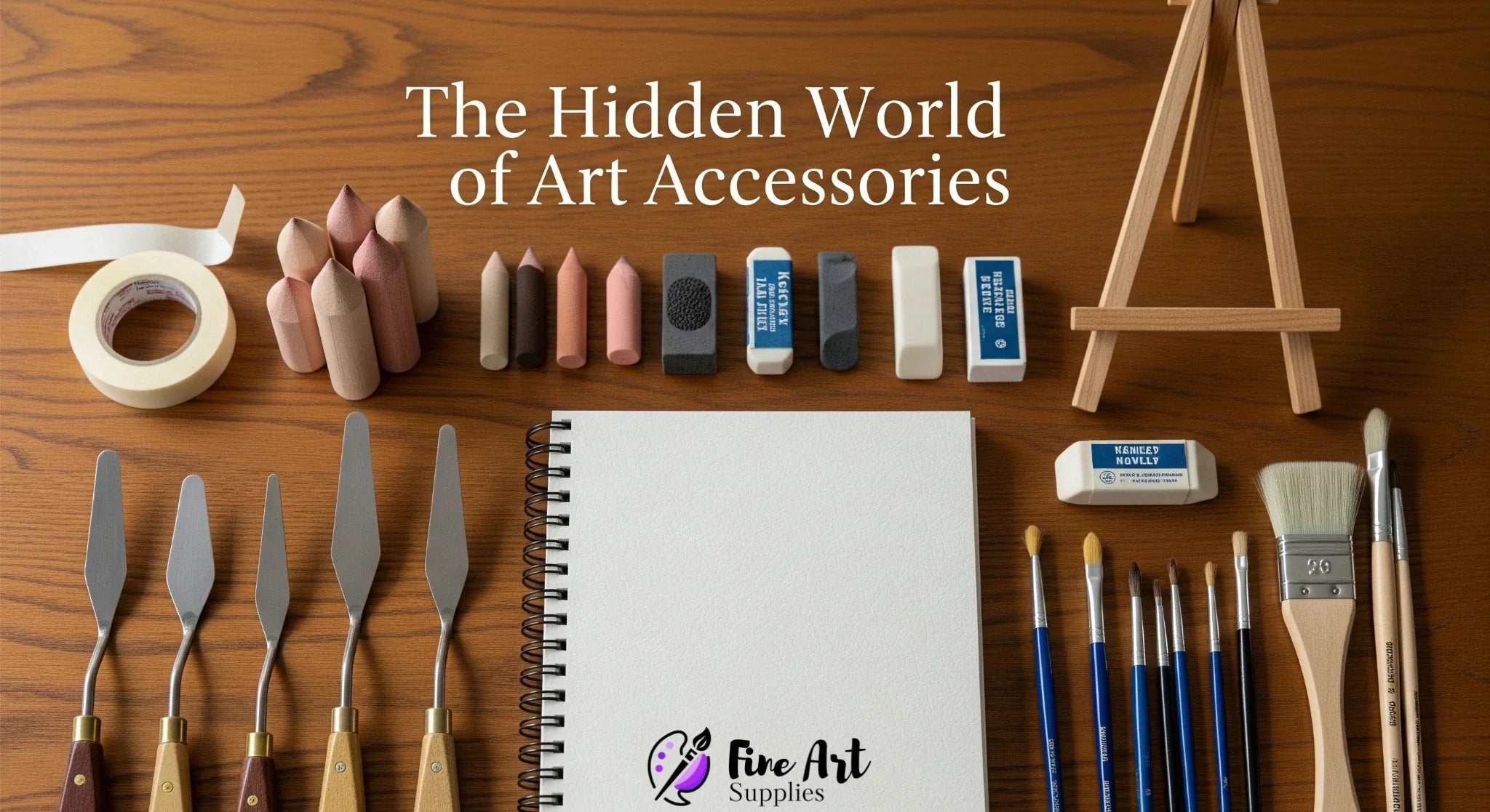 A flat lay photograph shows a variety of art supplies, including a miniature easel, palette knives, brushes, and an open sketchbook, arranged on a wooden table. The text "The Hidden World of Art Accessories" is overlaid on the image.