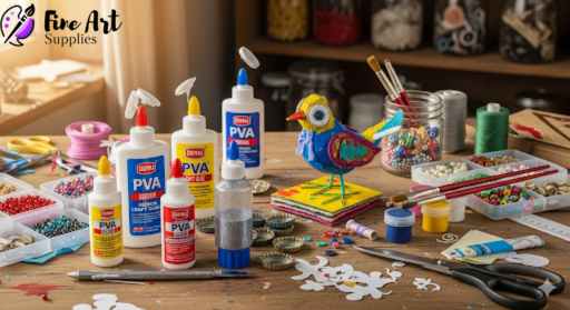 A vibrant DIY workstation photo featuring glue bottles, brushes, glitter, fabric pieces, and a half-finished craft project to showcase creativity and transformation.