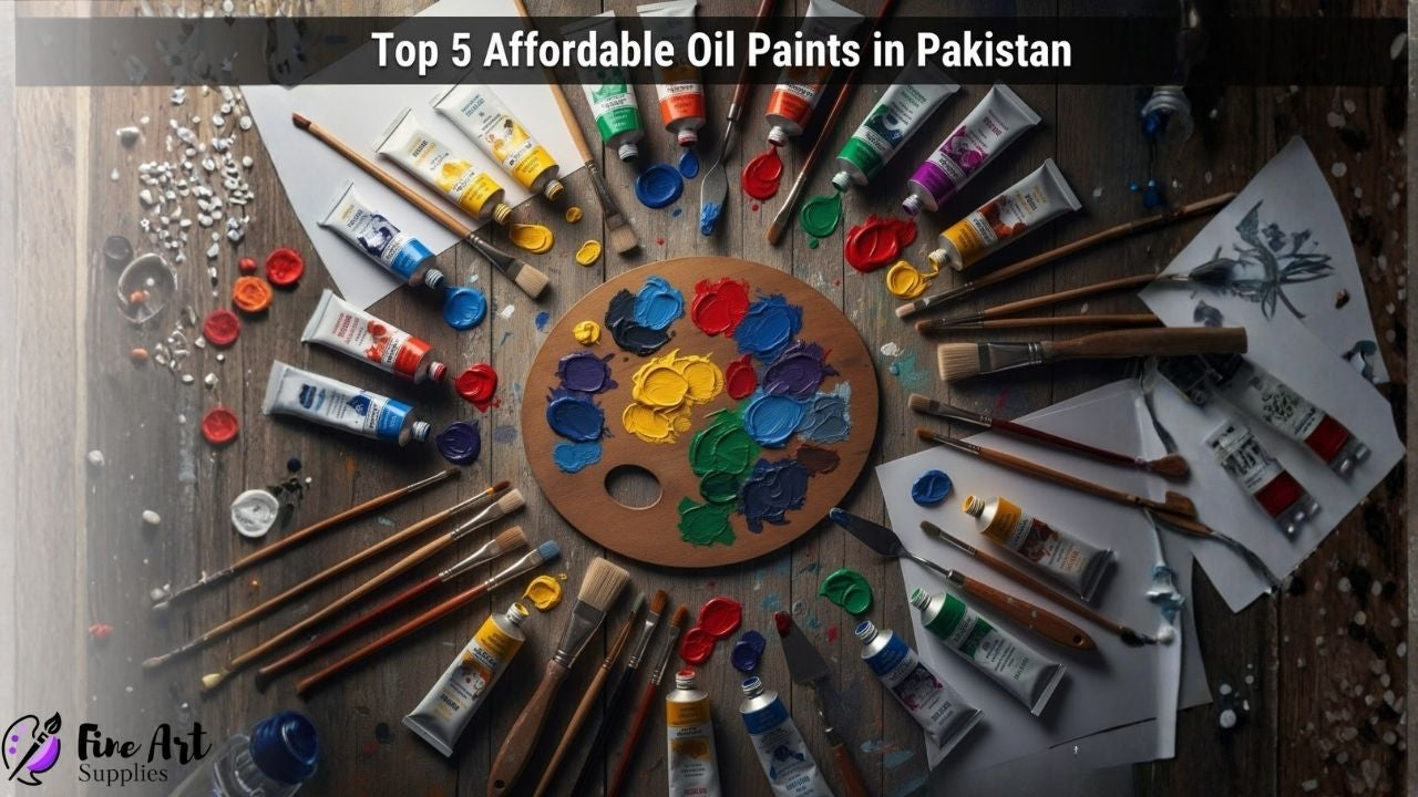 A graphic showcasing the top 5 affordable oil paints available in Pakistan, highlighting brands and prices.