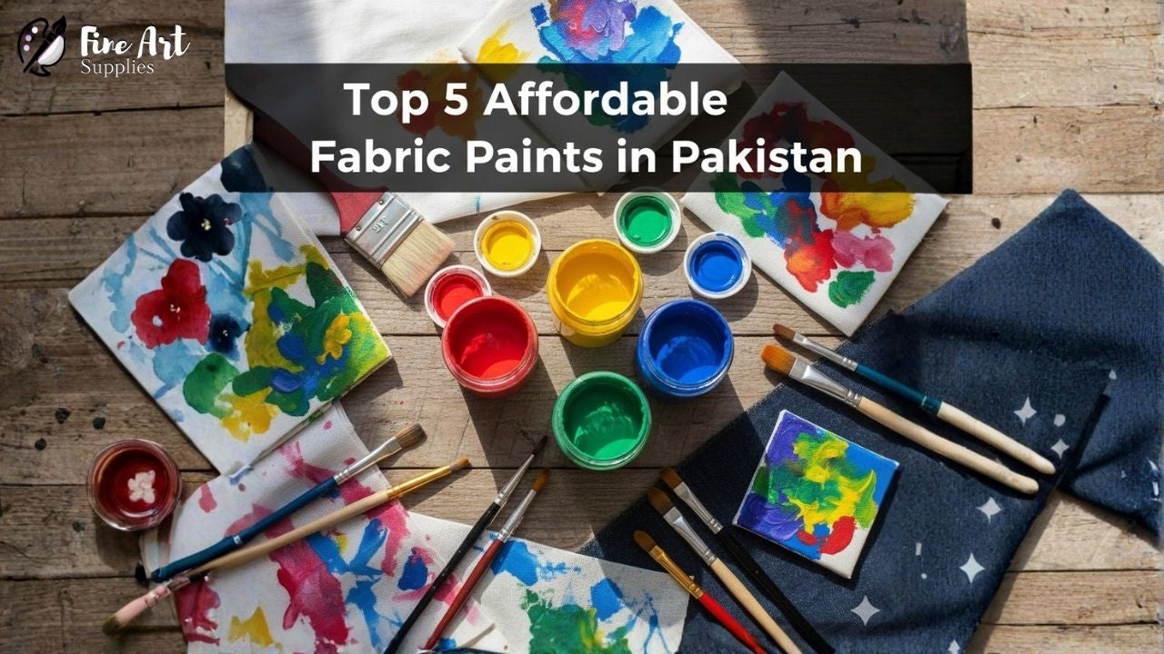  A graphic showcasing the top 5 affordable fabric paints available in Pakistan, highlighting their features and prices.