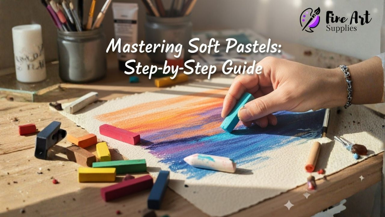 Artist's hand applies vibrant soft pastel to textured paper. Sticks, blending stump, & title: "Mastering Soft Pastels".