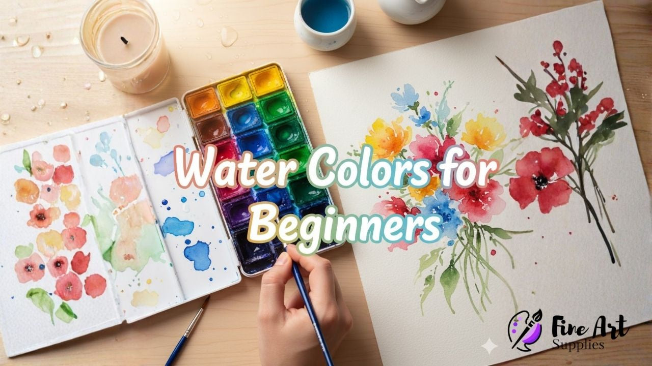 Watercolor palette with vibrant paints and a brush next to a partially painted floral scene. Title: "Water Colors for Beginners".